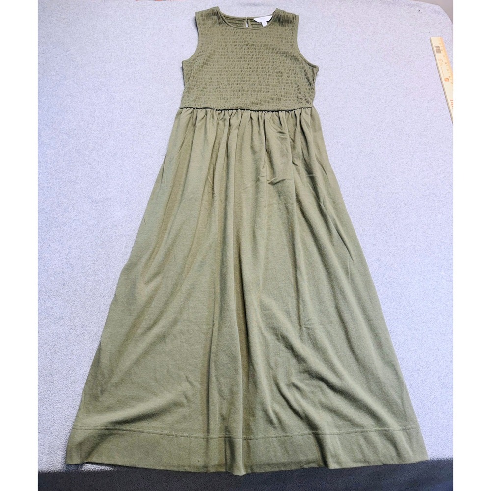Womens Olive Green Sleeveless Maxi Dress Smocked Top Boho Cottagecore XS Summer
